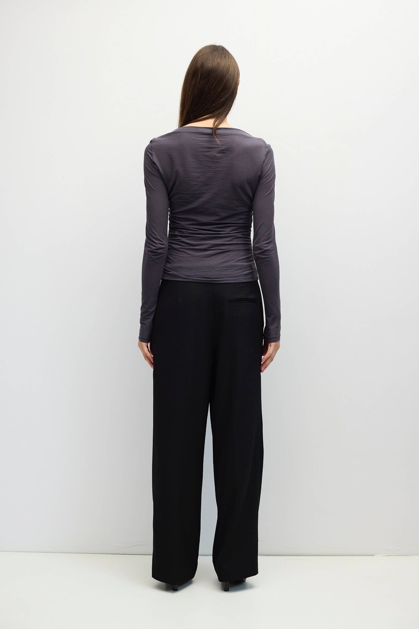 Charcoal Wide Neck Pleated Knit Long Sleeve