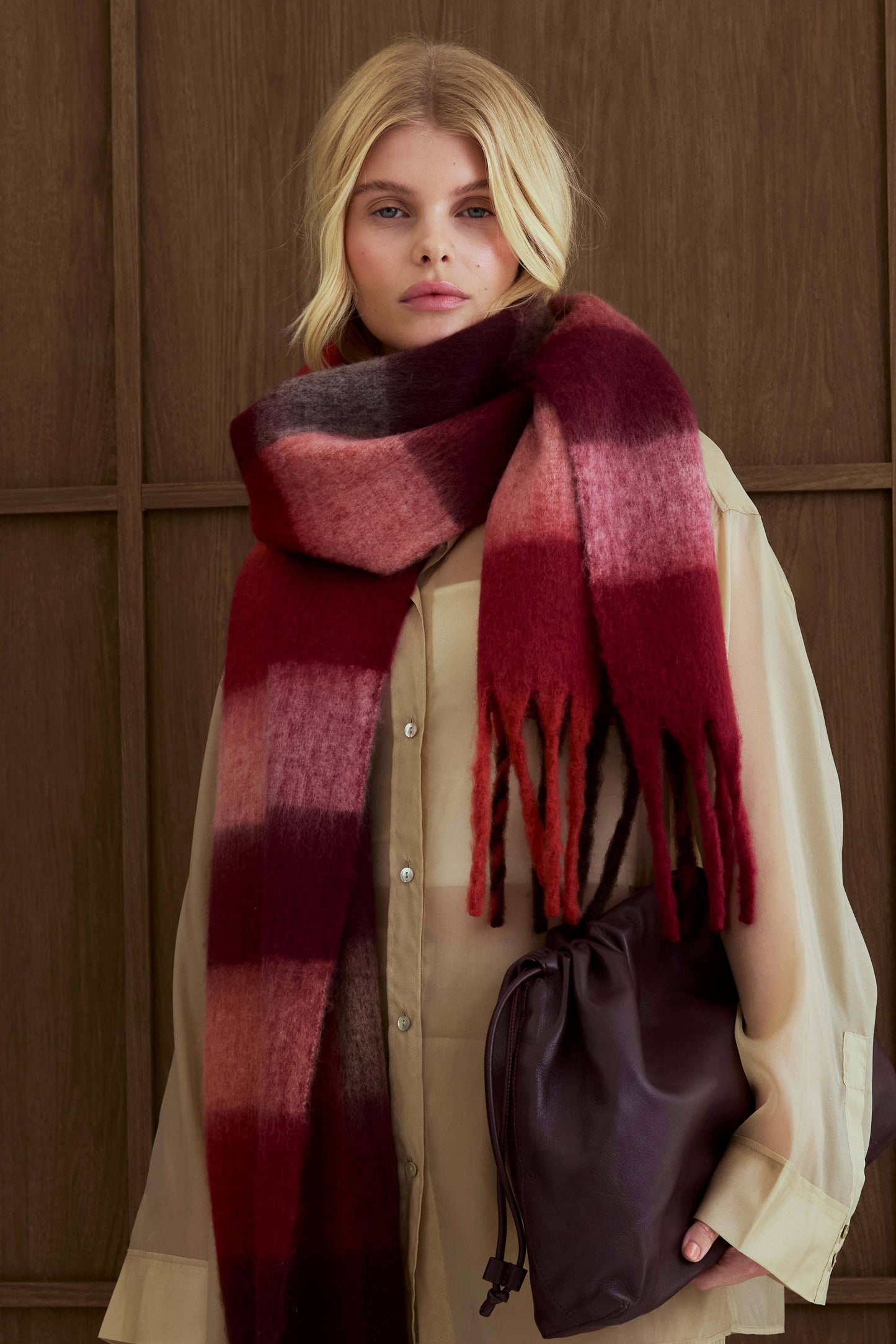 Burgundy Brushed Plaid Oversized Scarf