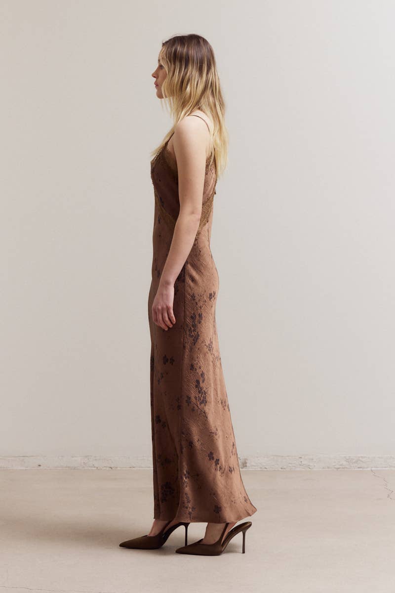 Brown Floral Print Lace Maxi Slip Dress