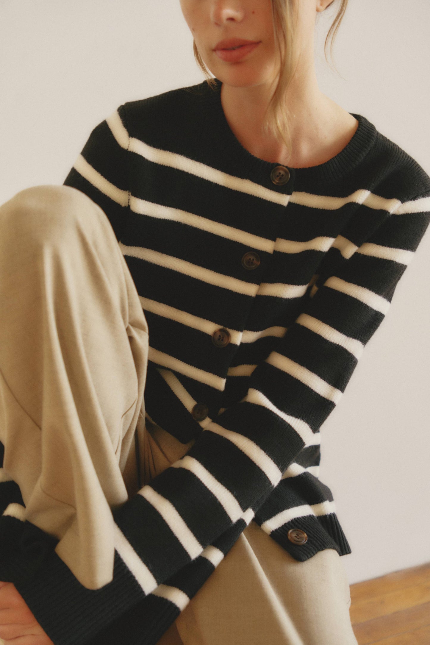 Black Striped Bell Sleeve Buttoned Cardigan