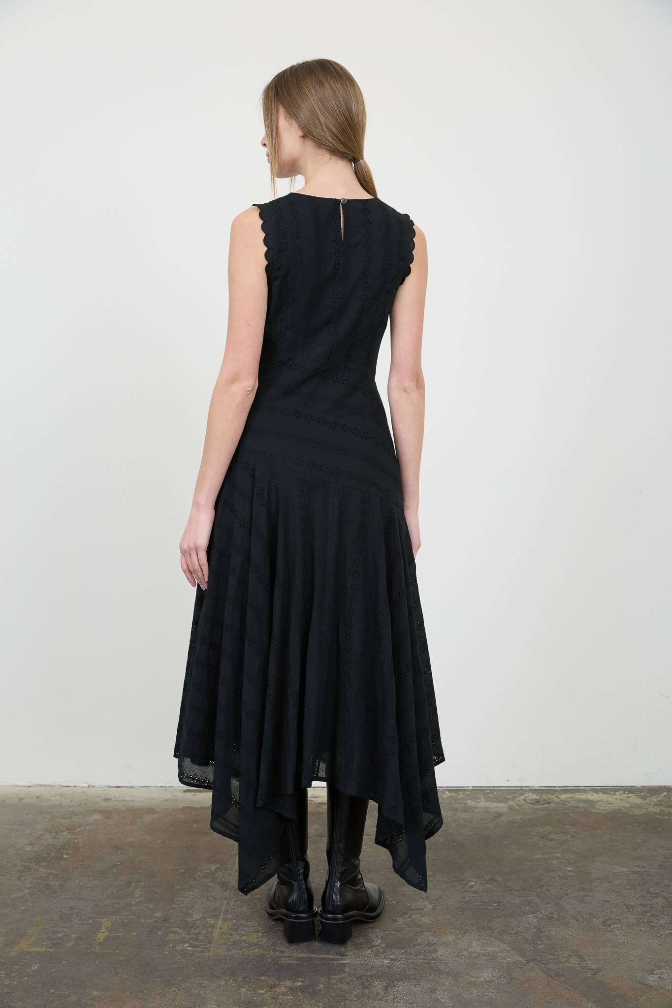 Black Stripe Eyelet Handkerchief Hem Midi Dress