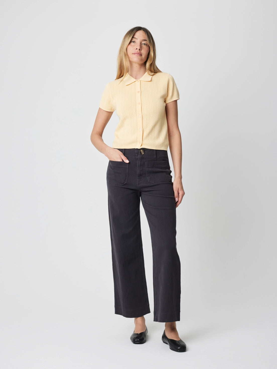 Pointelle Collared Button Top