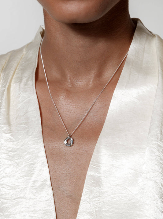 Silver Textured Oval Pendant Necklace
