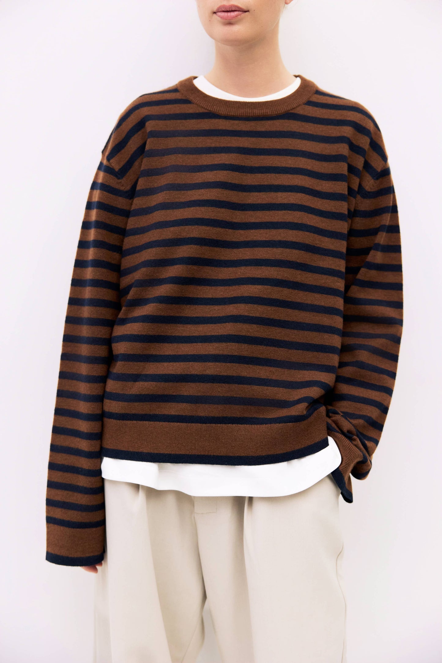 Brown Navy Striped Boyfriend Sweater