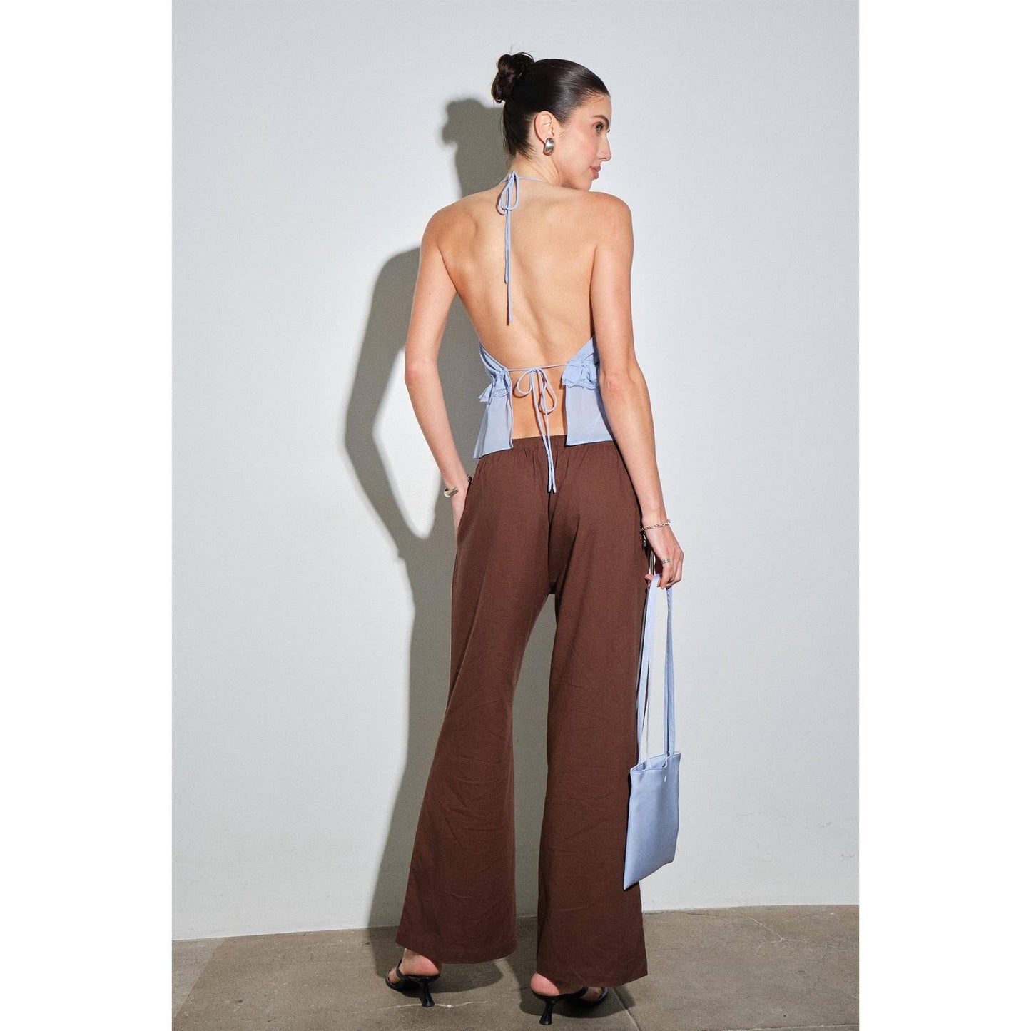 Light Blue Chiffon Lace Trim Halter Top