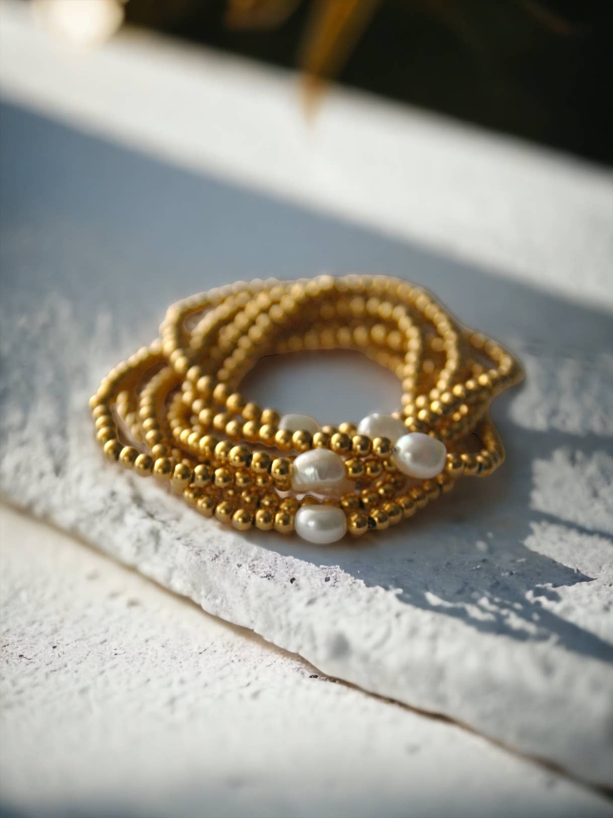 Gold Beaded Pearl Stretch Bracelet