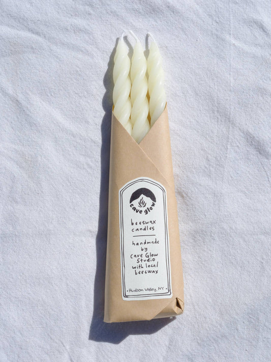 White Beeswax Spiral Taper Candles - Set of 3