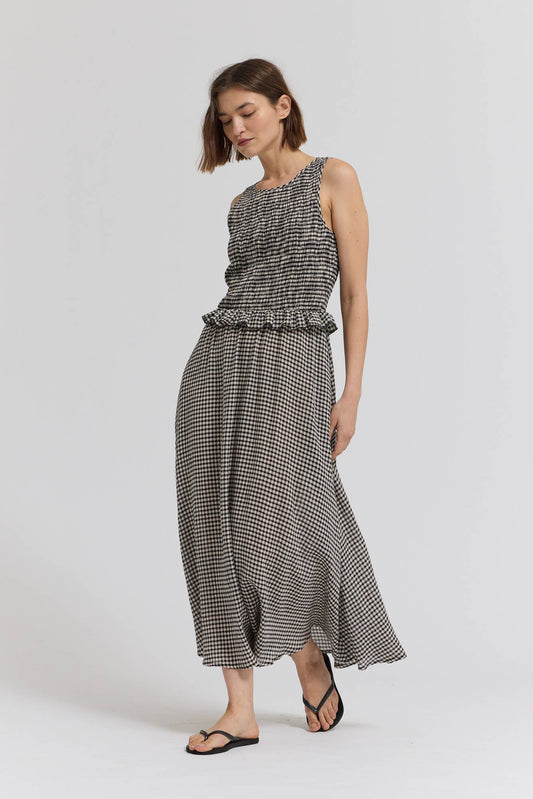 Black Check Sleeveless Peplum Smocked Dress