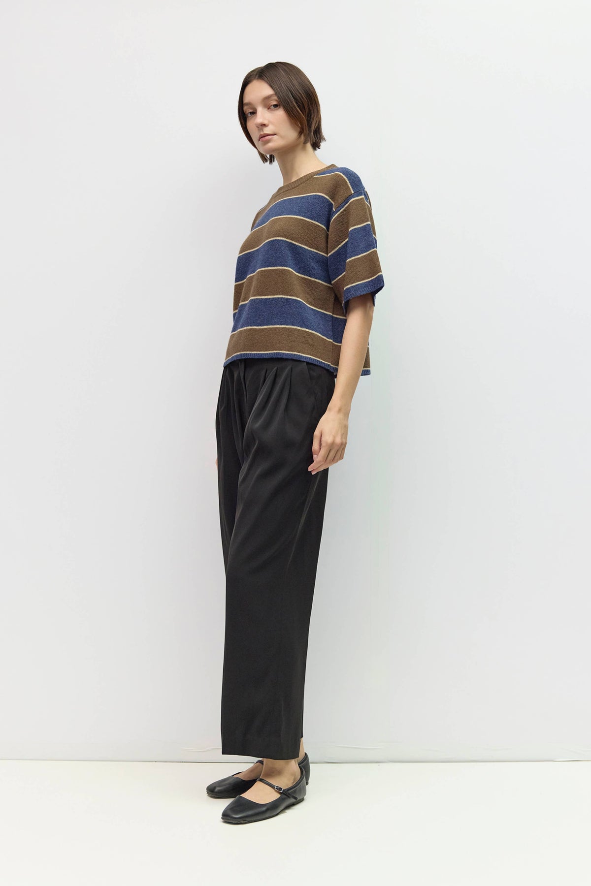 Brown + Navy Striped Short Sleeve Sweater
