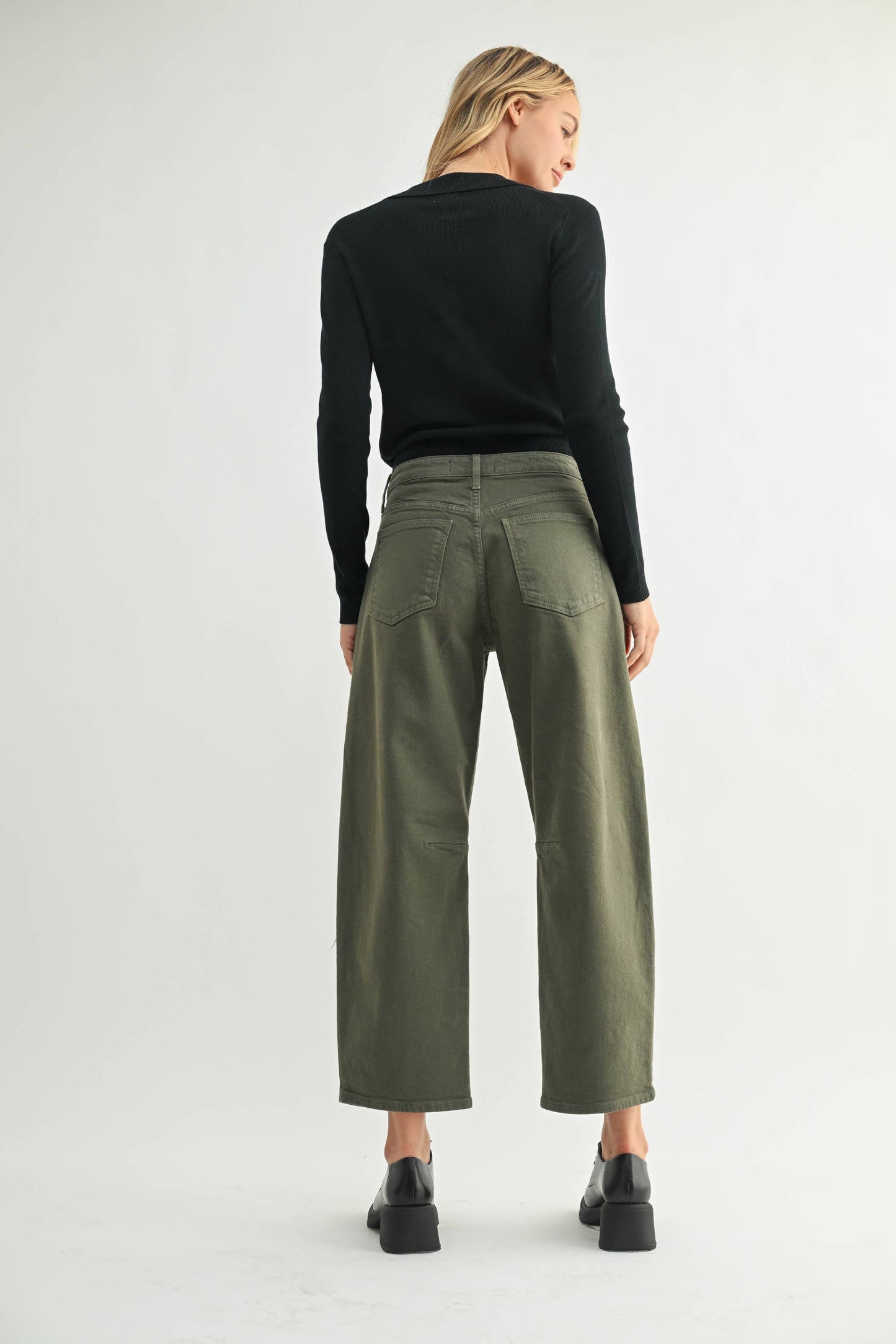 Dark Olive Mid Rise Utility Seamed Barrel Jean