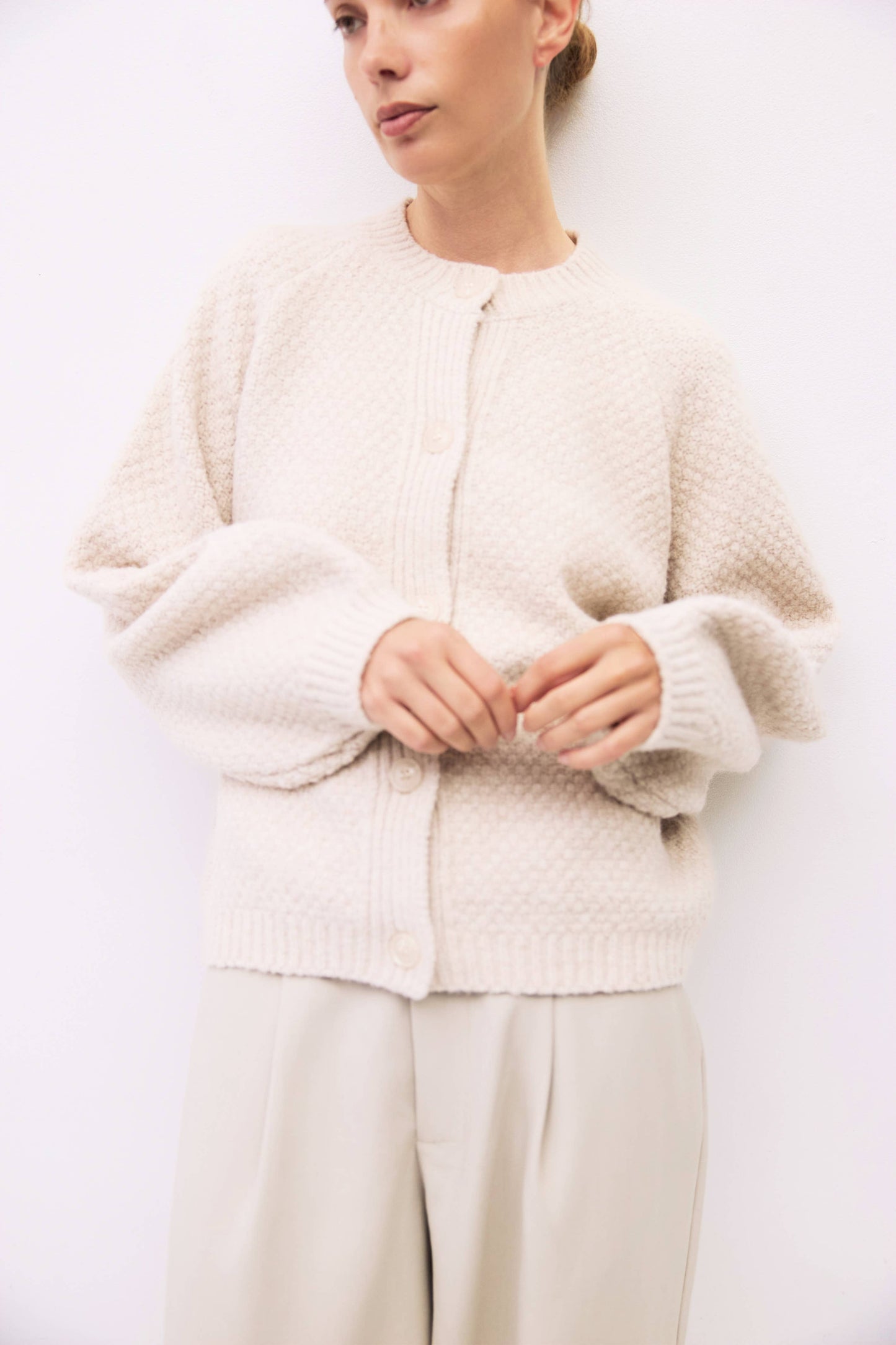 Cream Textured Weave Lantern Sleeve Cardigan