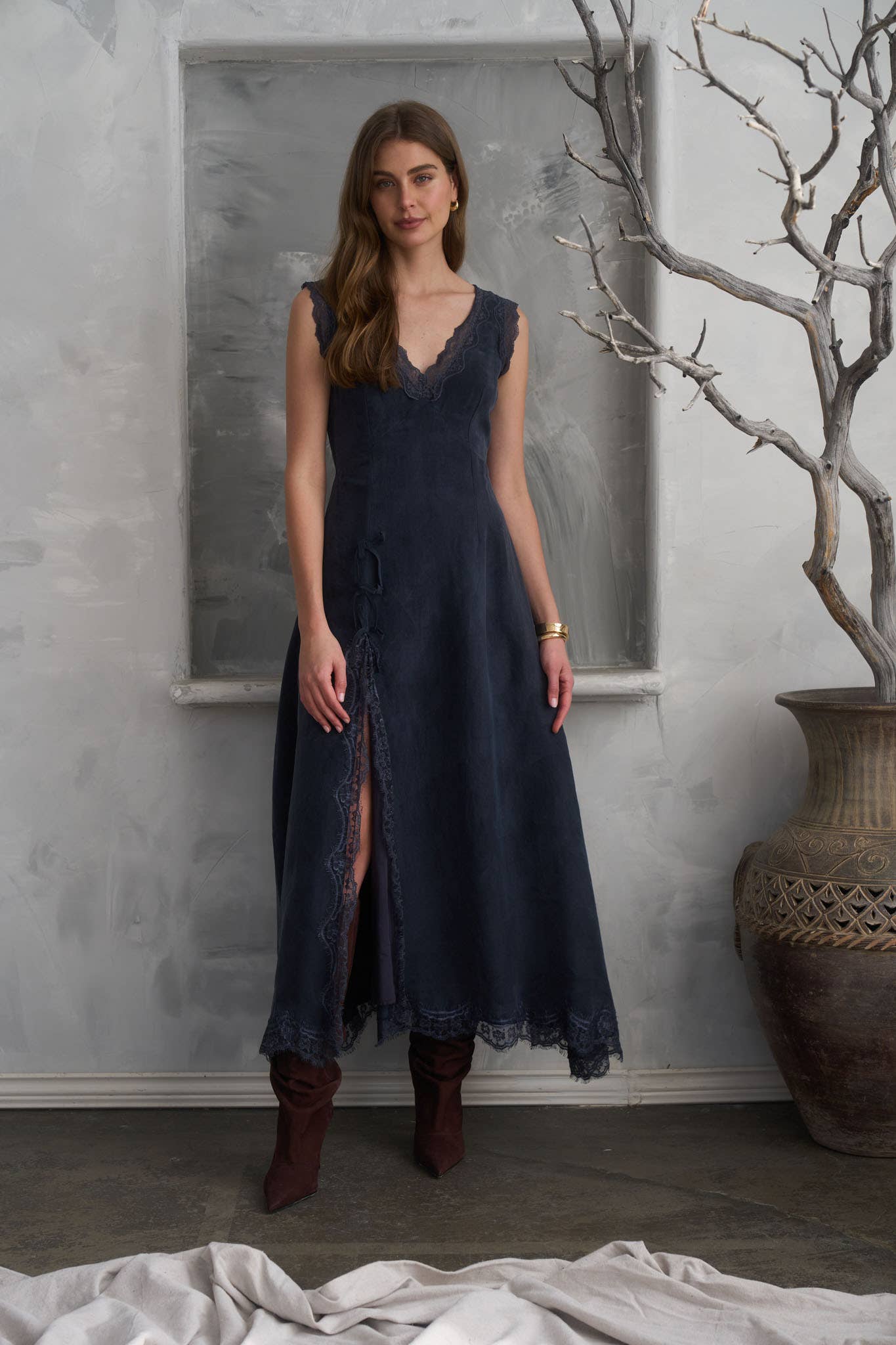 Blue V-Neck Lace Trim Midi Dress