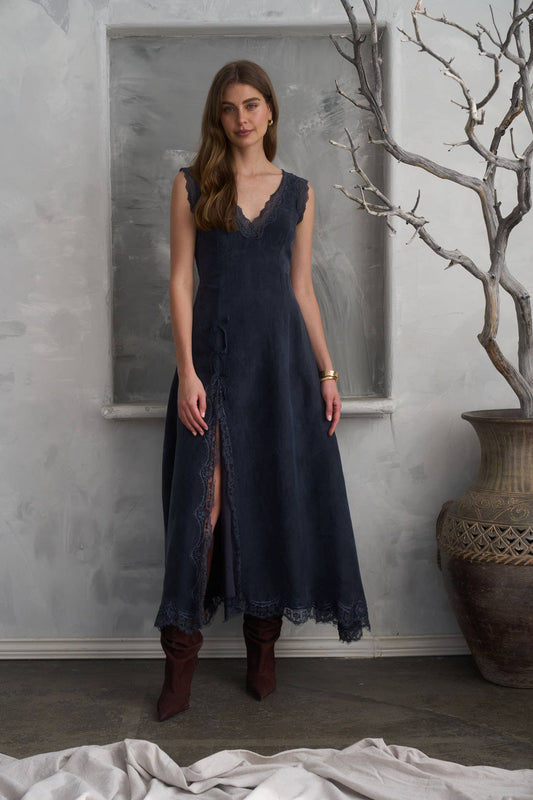Blue V-Neck Lace Trim Midi Dress