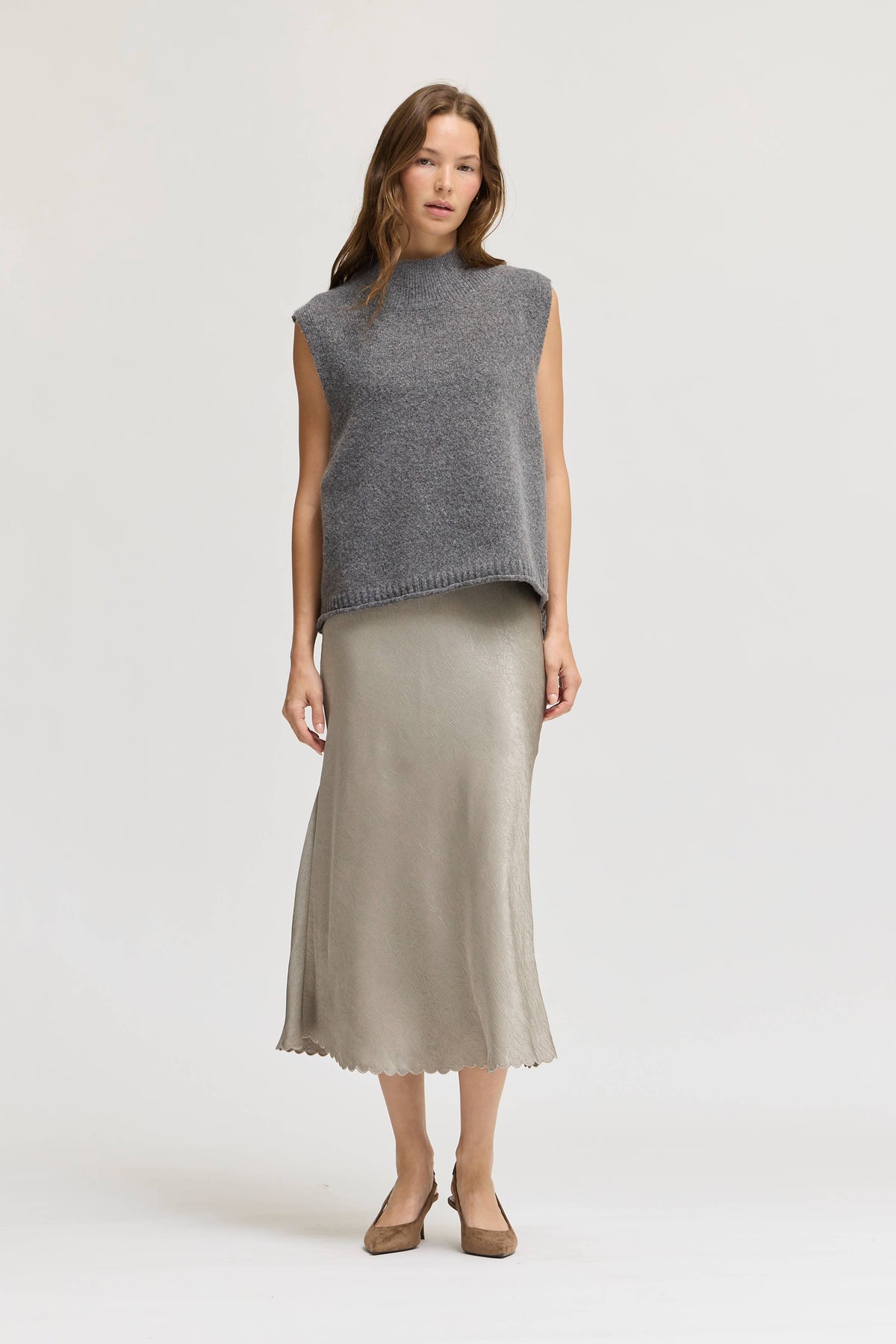 Light Taupe Scallop Hem Satin Midi Skirt