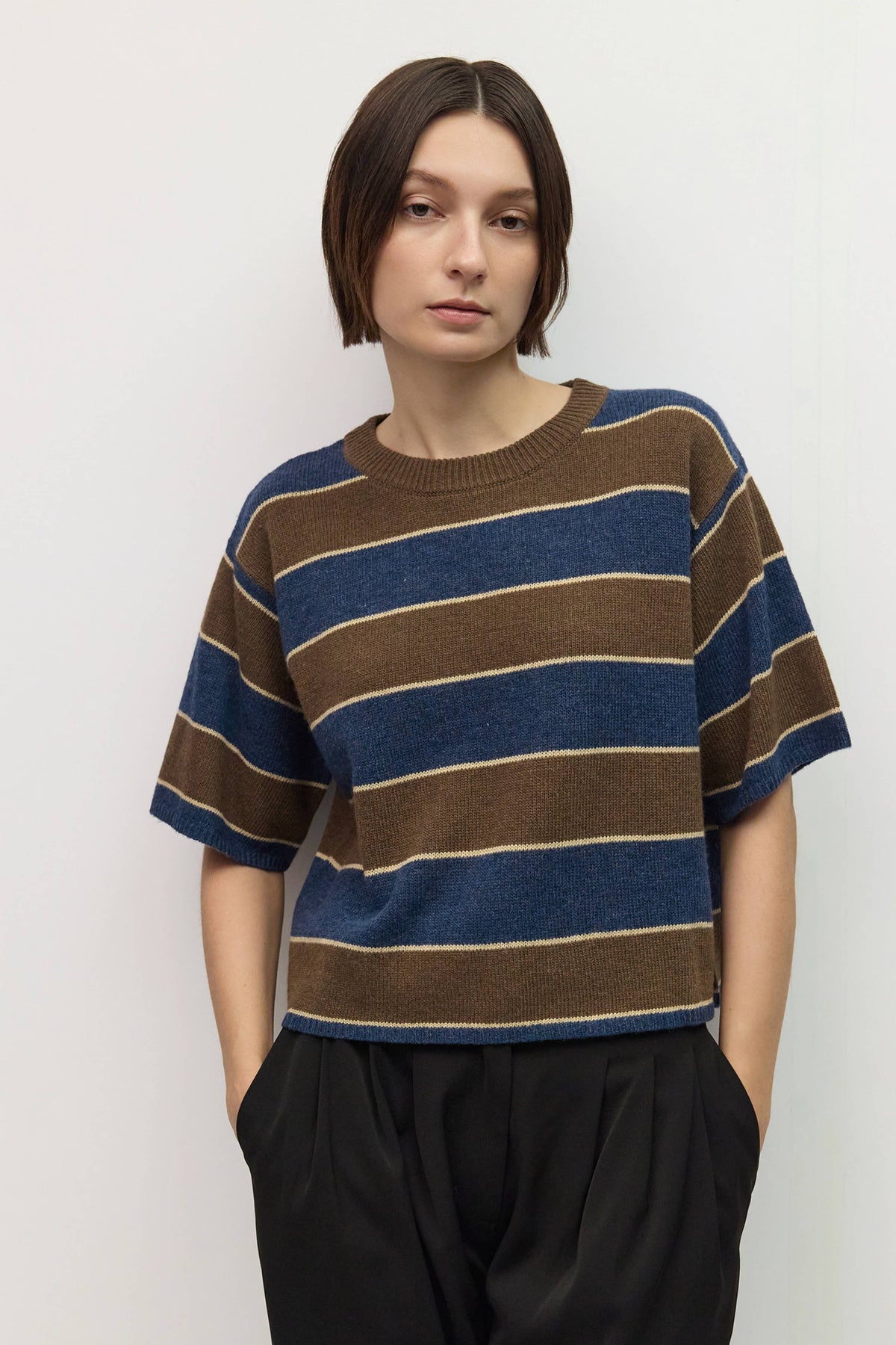 Brown + Navy Striped Short Sleeve Sweater