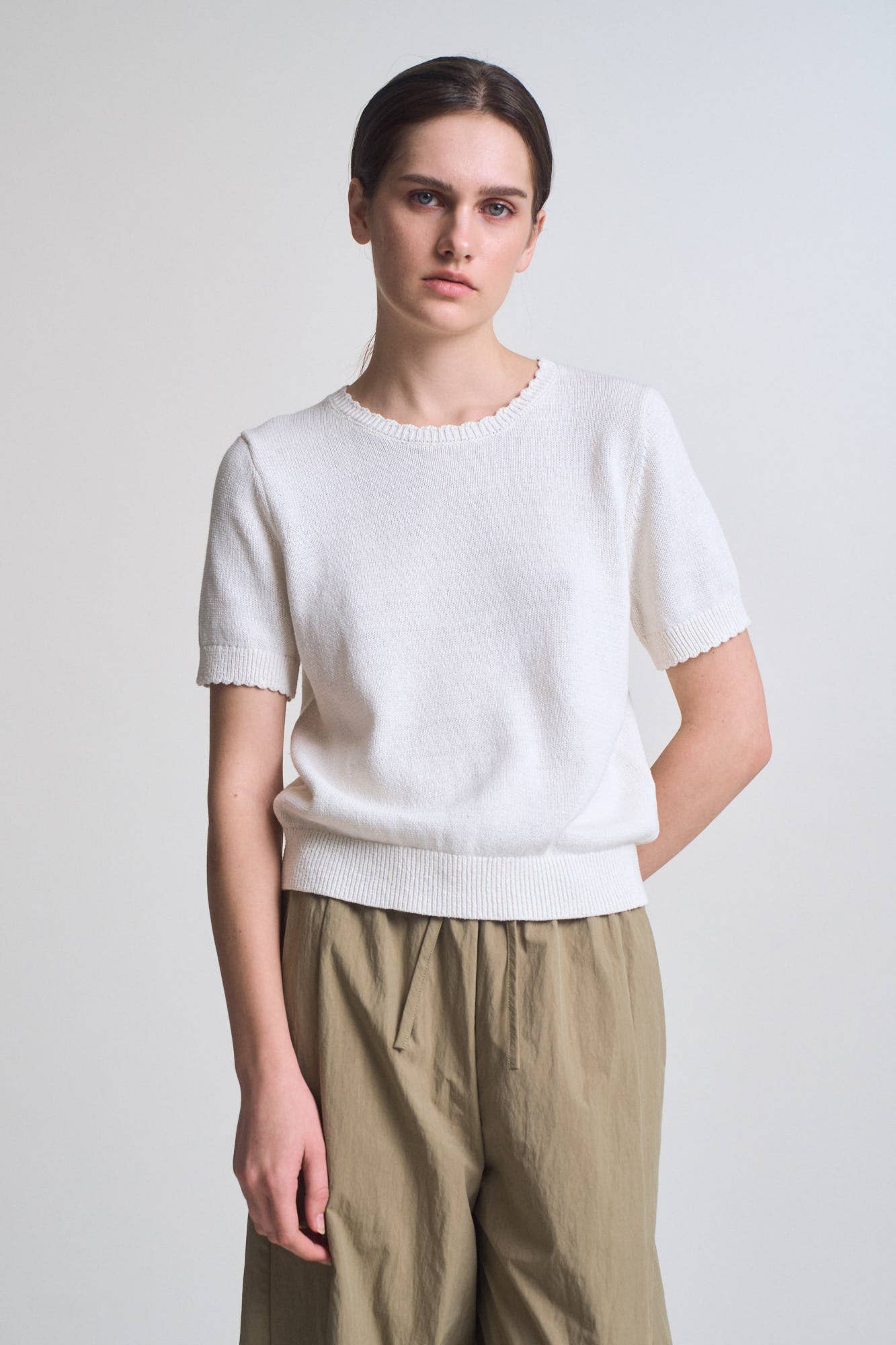 White Cotton Linen Short Sleeve Knit