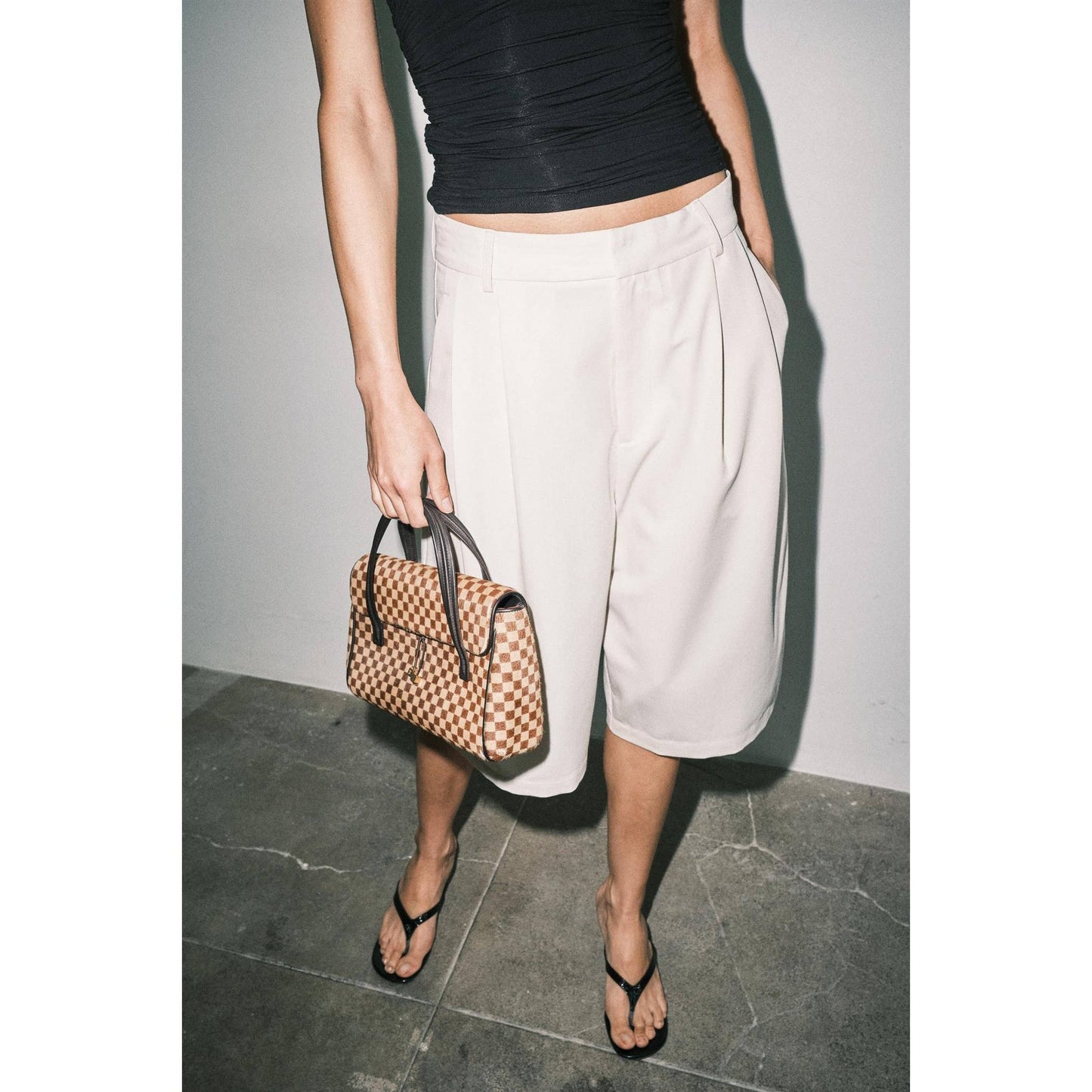 Cream Pleated Suiting Wide Leg Bermuda Shorts
