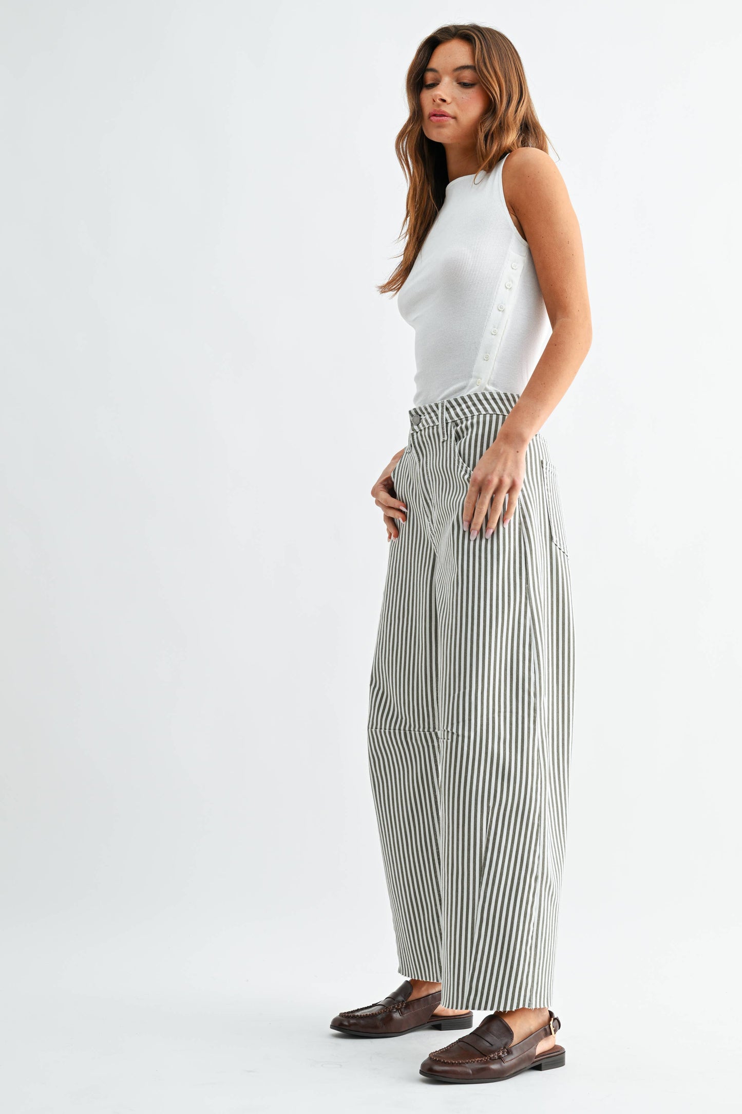 Olive Stripe Seamed Barrel Jean