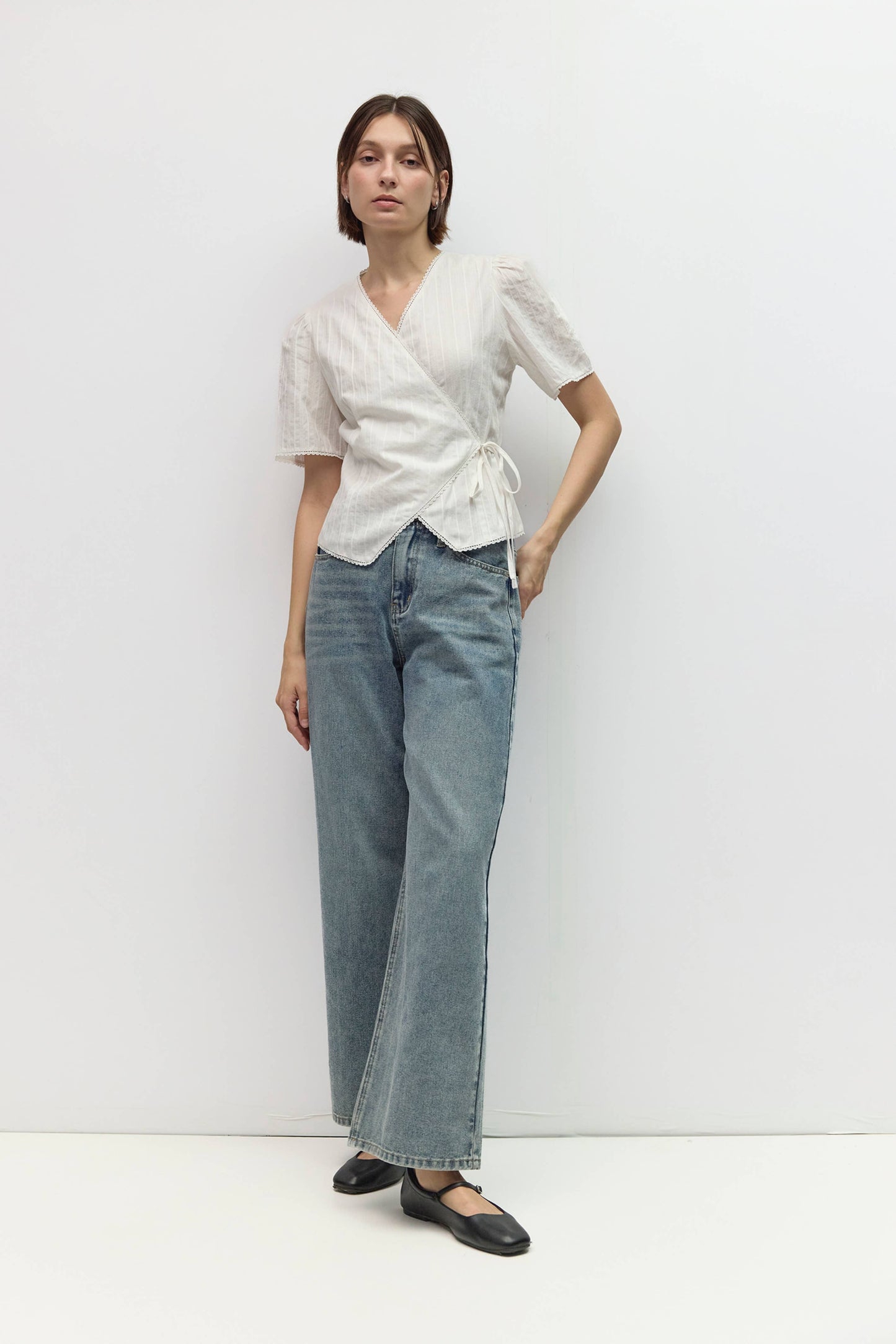 White Embossed Stripe Cotton Wrap Blouse