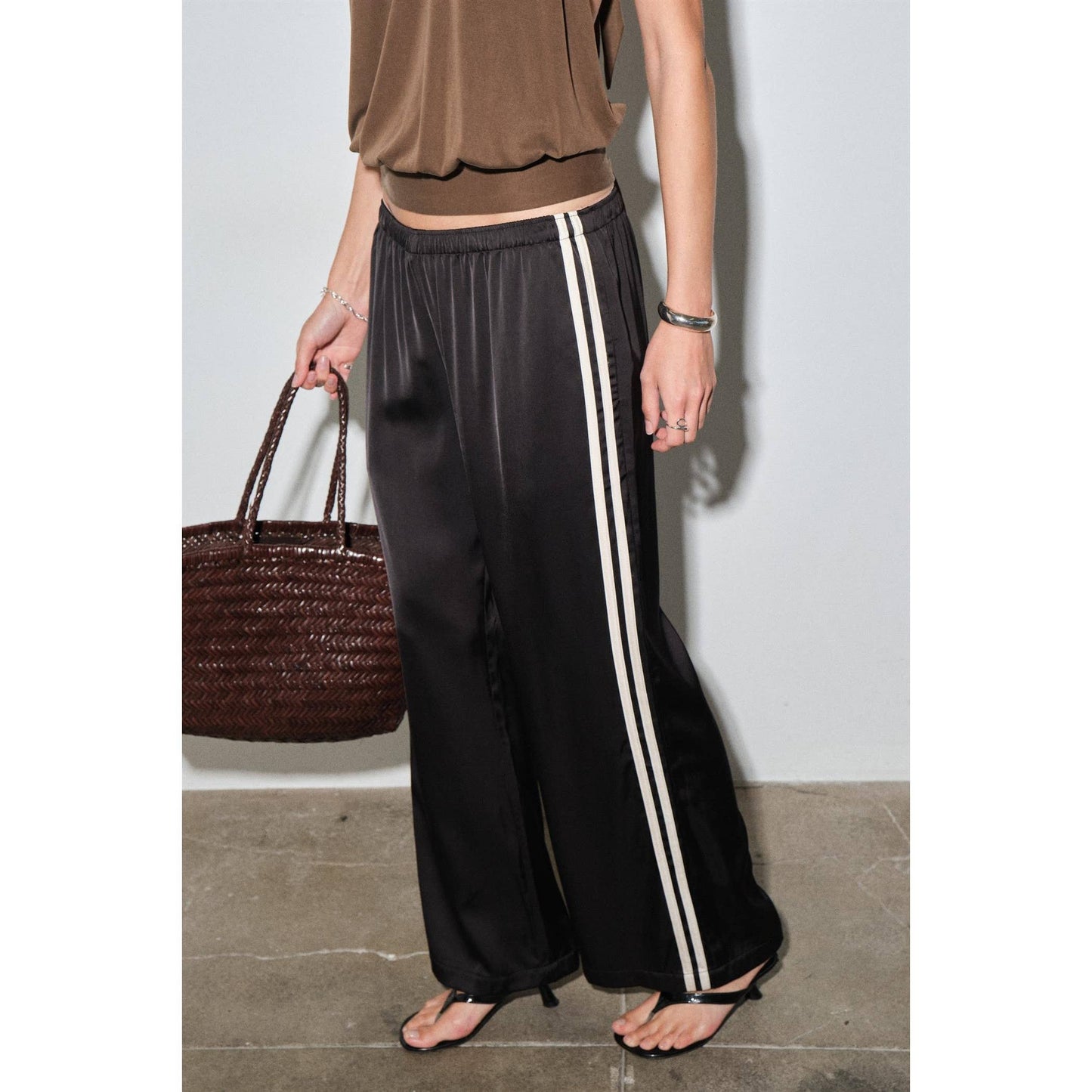 Black Satin Cream Stripe Track Pants