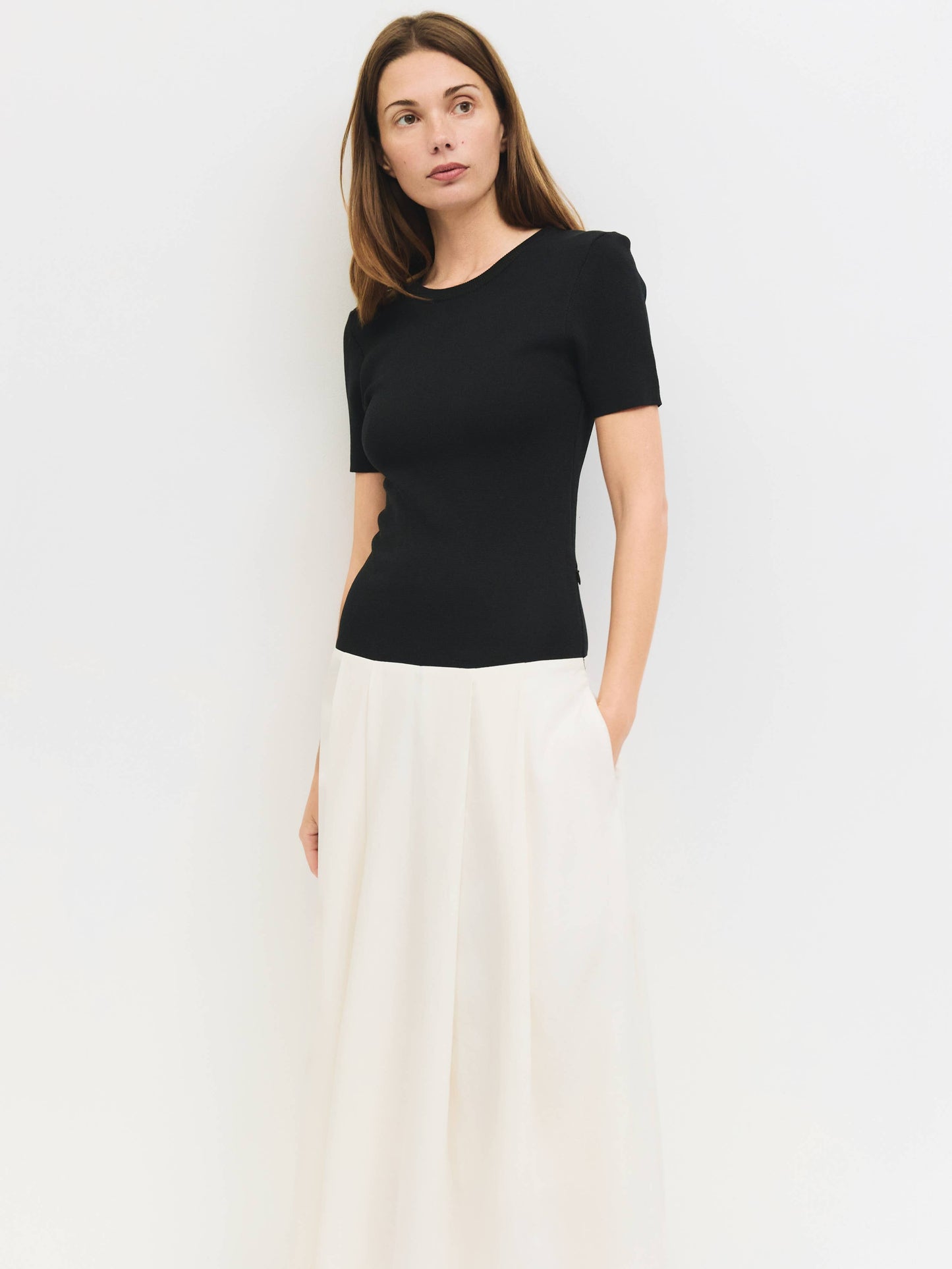 Black and Ivory Mixed Media Pleated Midi Dress