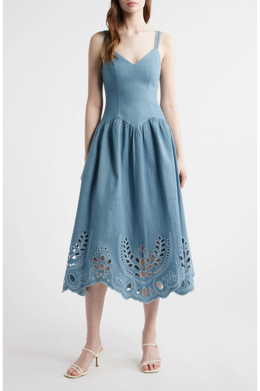 Denim V-Neck Eyelet Detail Midi Dress