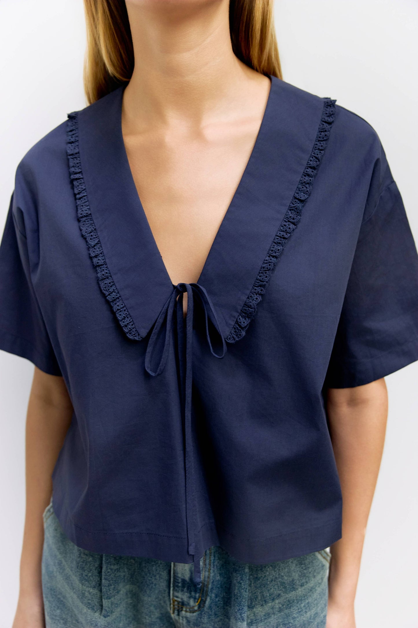 Poplin Lace Trim V Neck Boxy Top