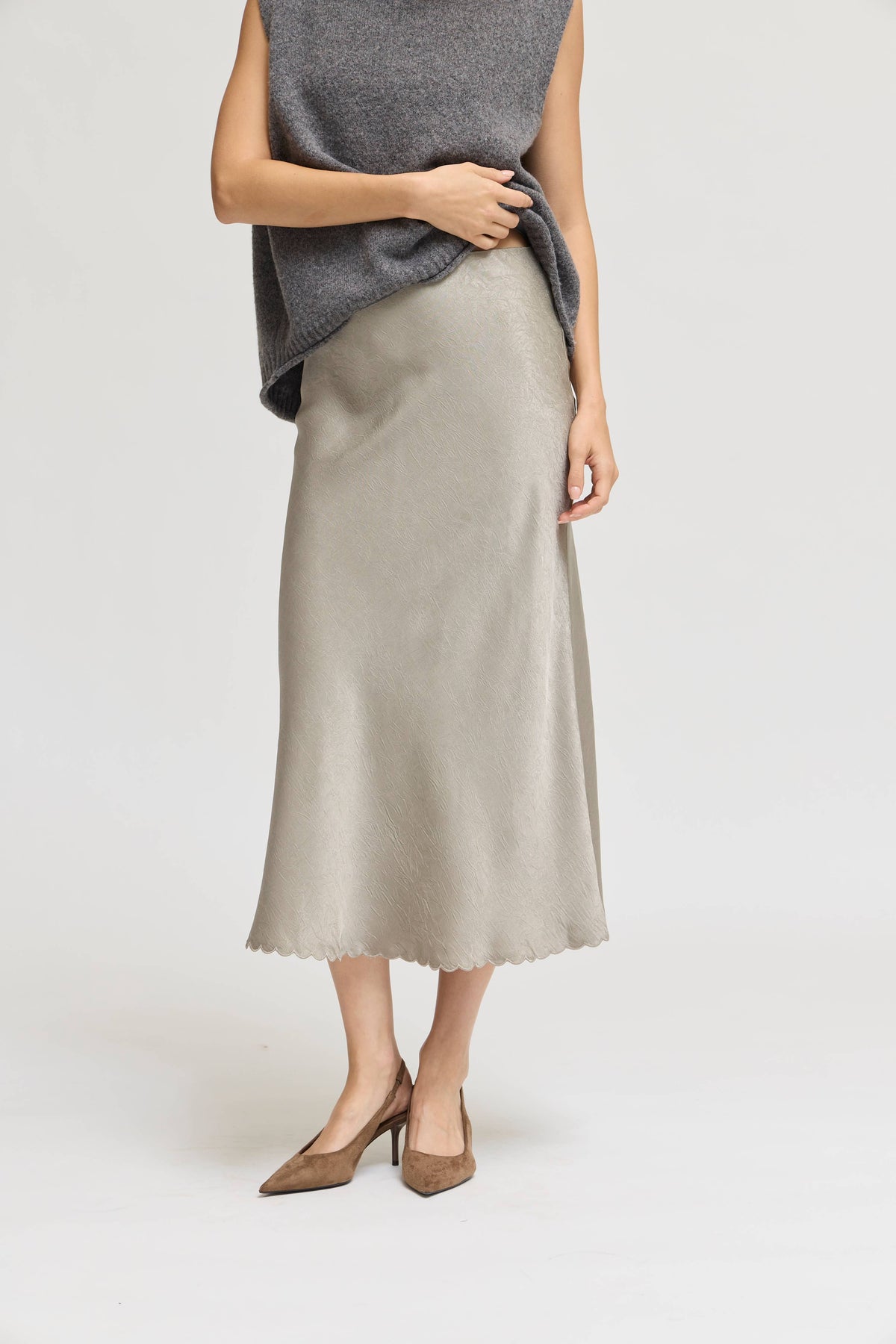 Light Taupe Scallop Hem Satin Midi Skirt