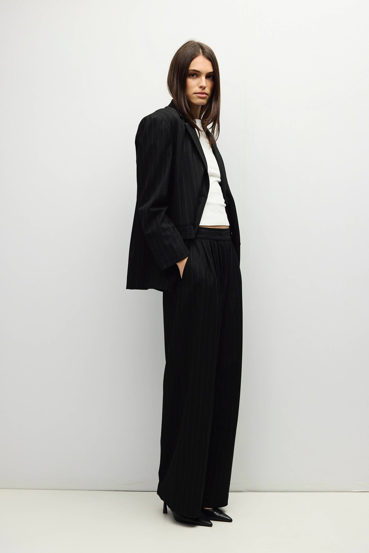 Black Pinstripe Pleated Wide Leg Pants
