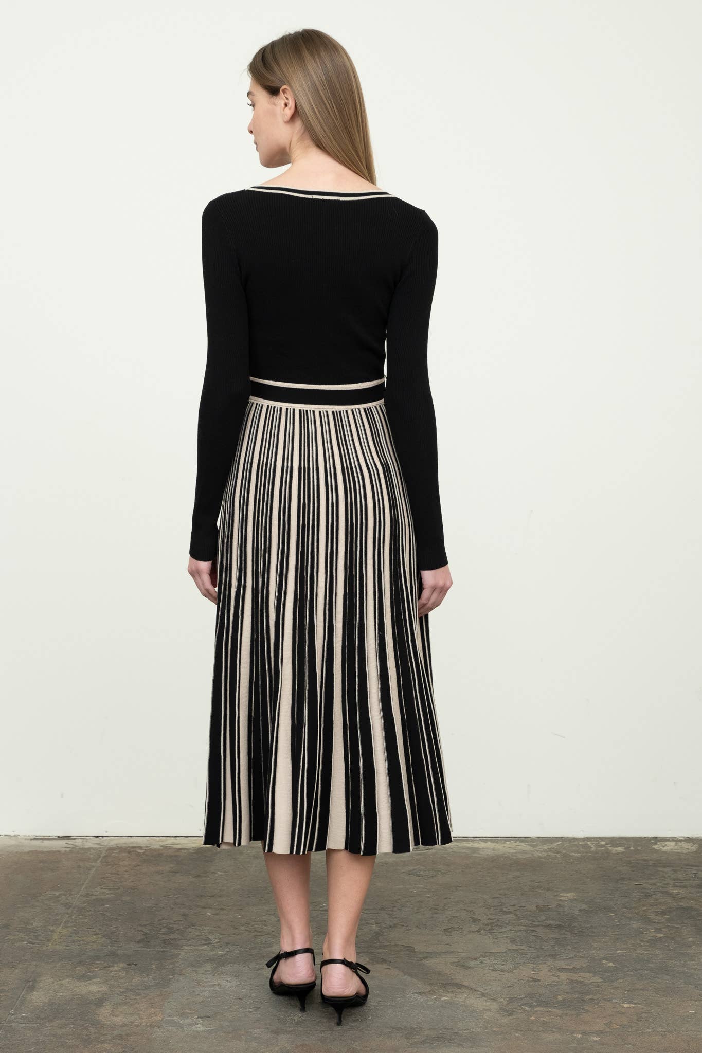 Black Knit Long Sleeve Striped Midi Dress