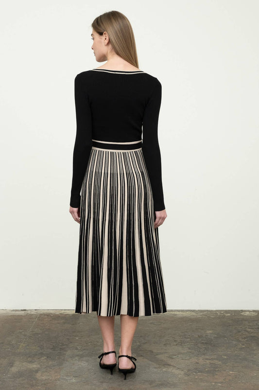 Black Knit Long Sleeve Striped Midi Dress