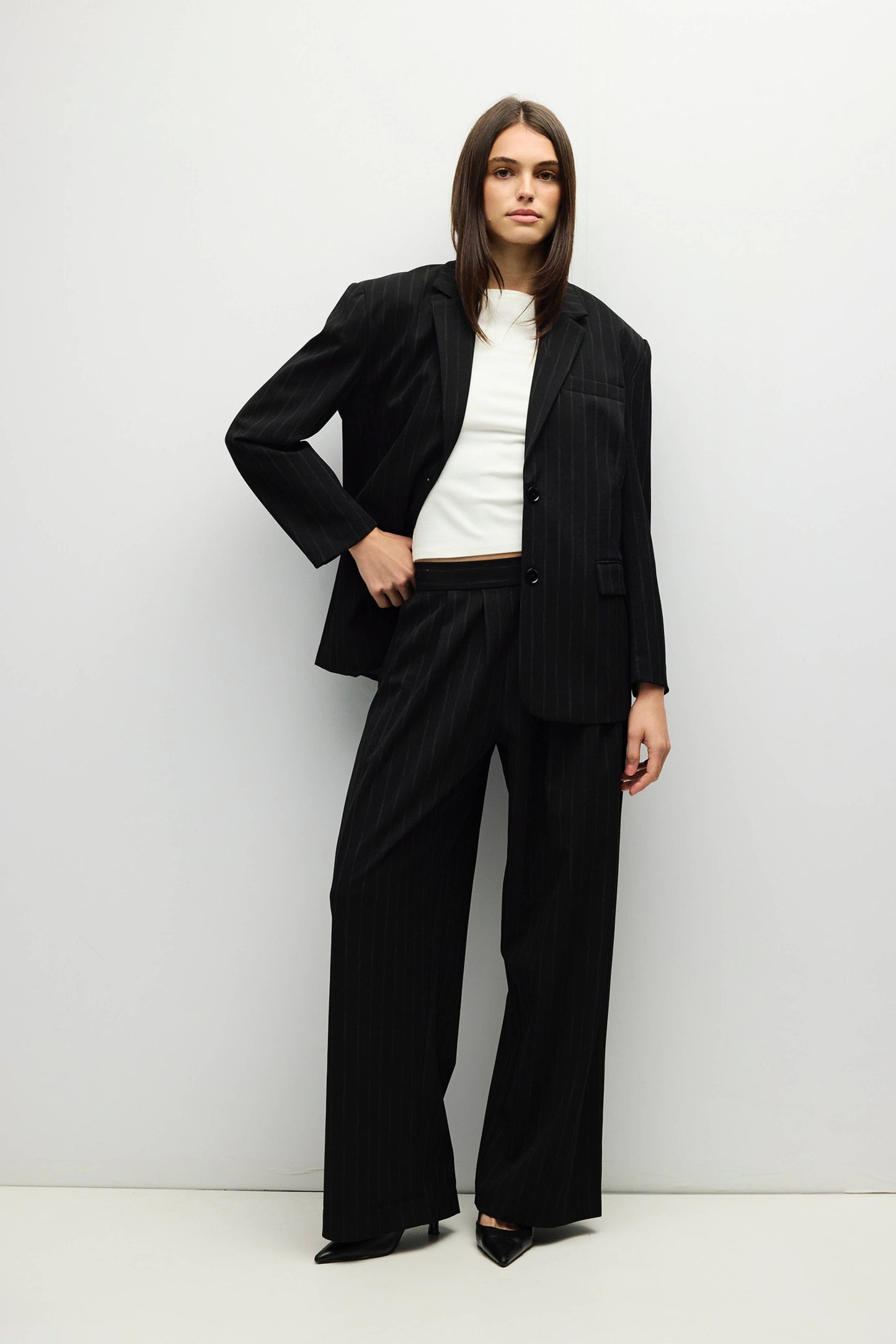 Black Pinstripe Pleated Wide Leg Pants