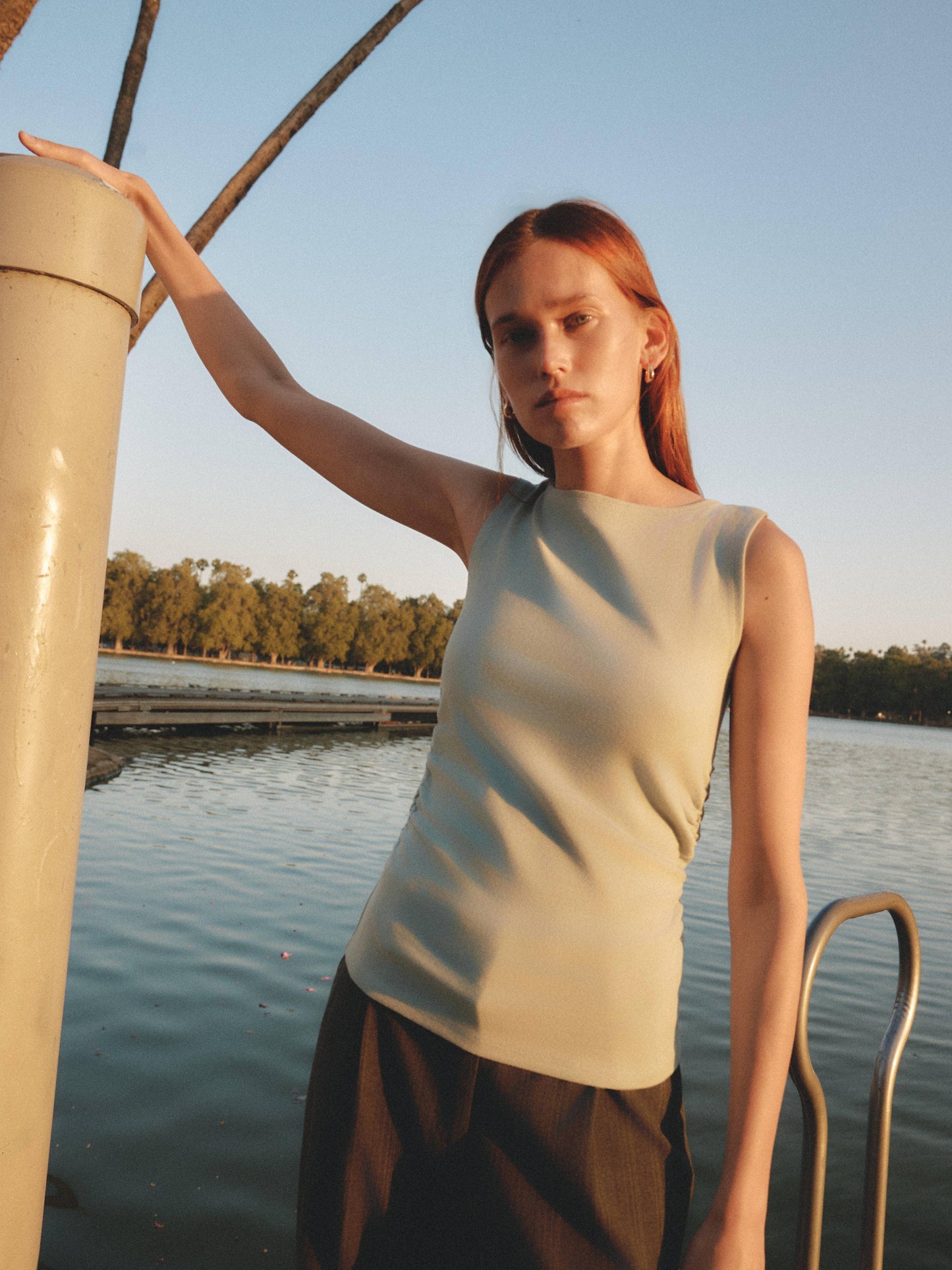 Boat Neck Ruched Knit Tank