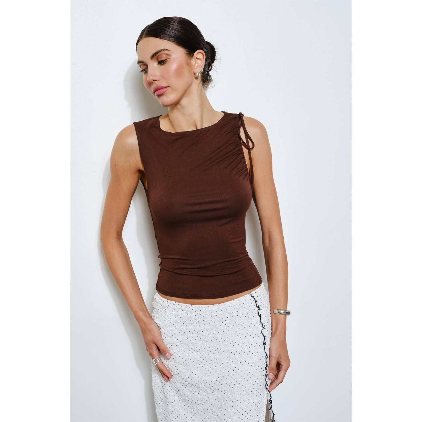Brown Ruched Tie Shoulder Top