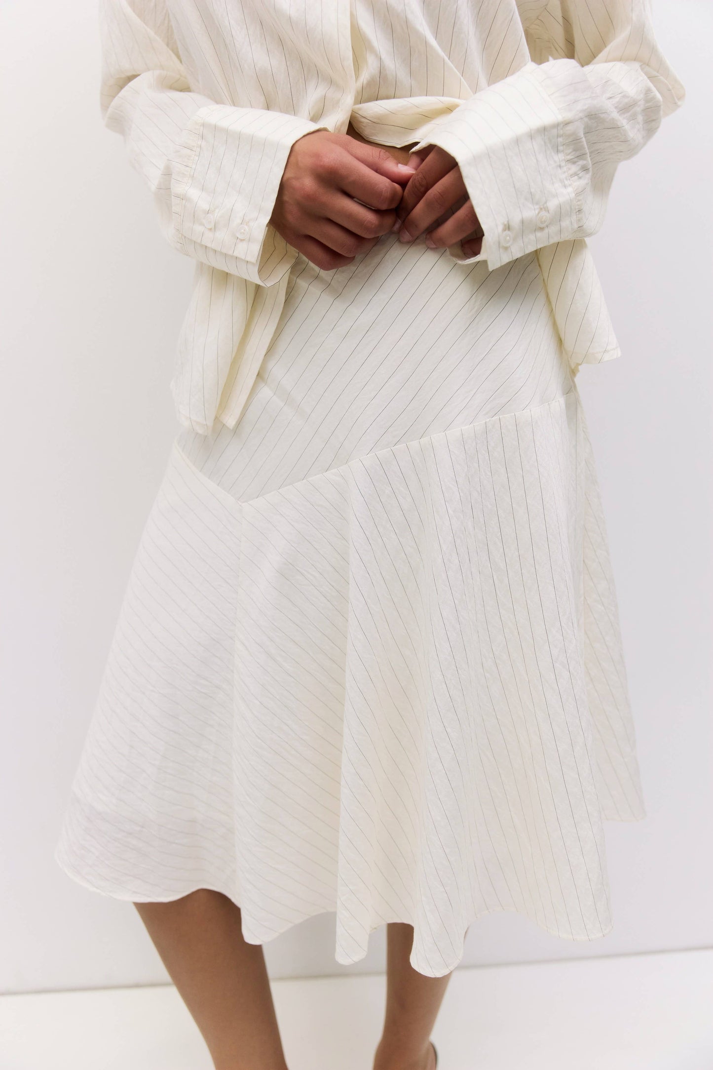 Pinstripe Asymmetrical Midi Skirt