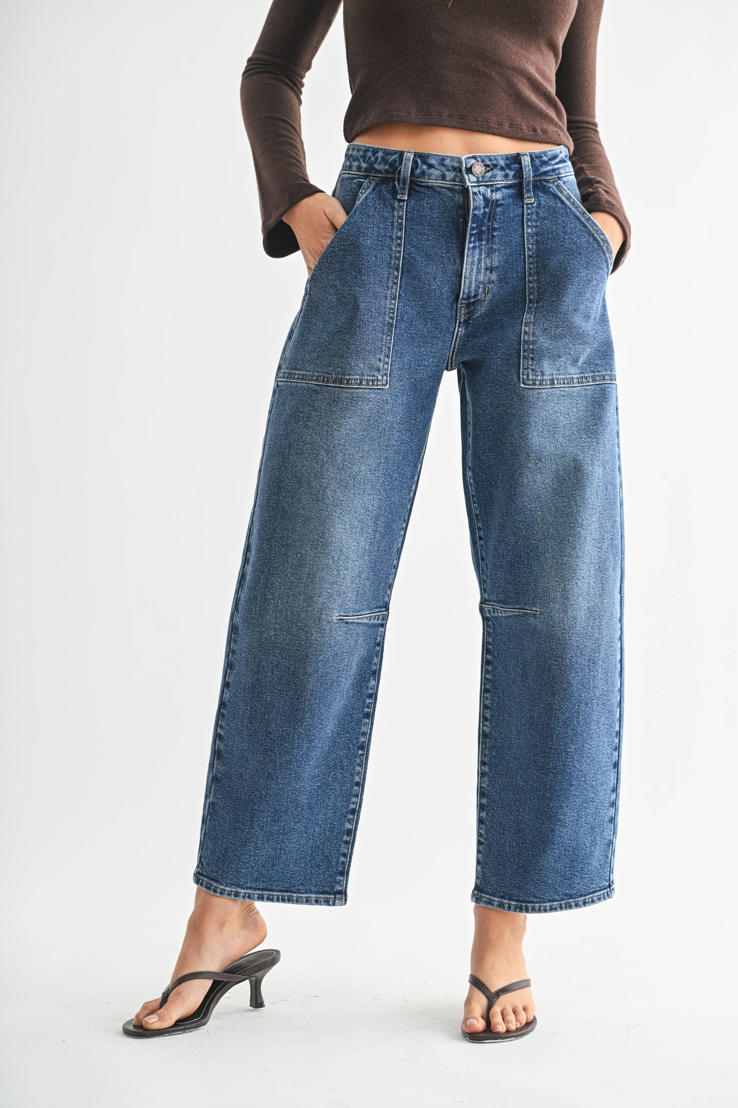 Dark Wash Mid Rise Utility Seamed Barrel Jean