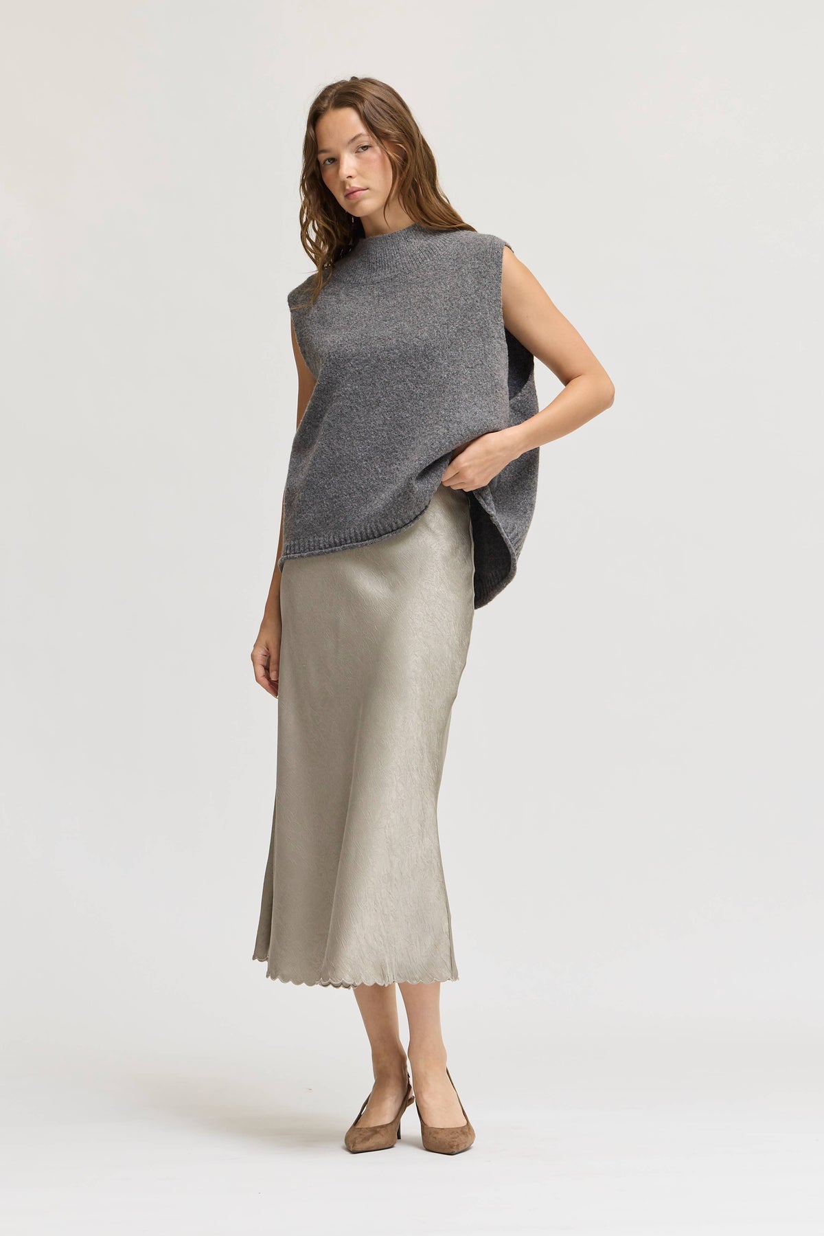 Light Taupe Scallop Hem Satin Midi Skirt