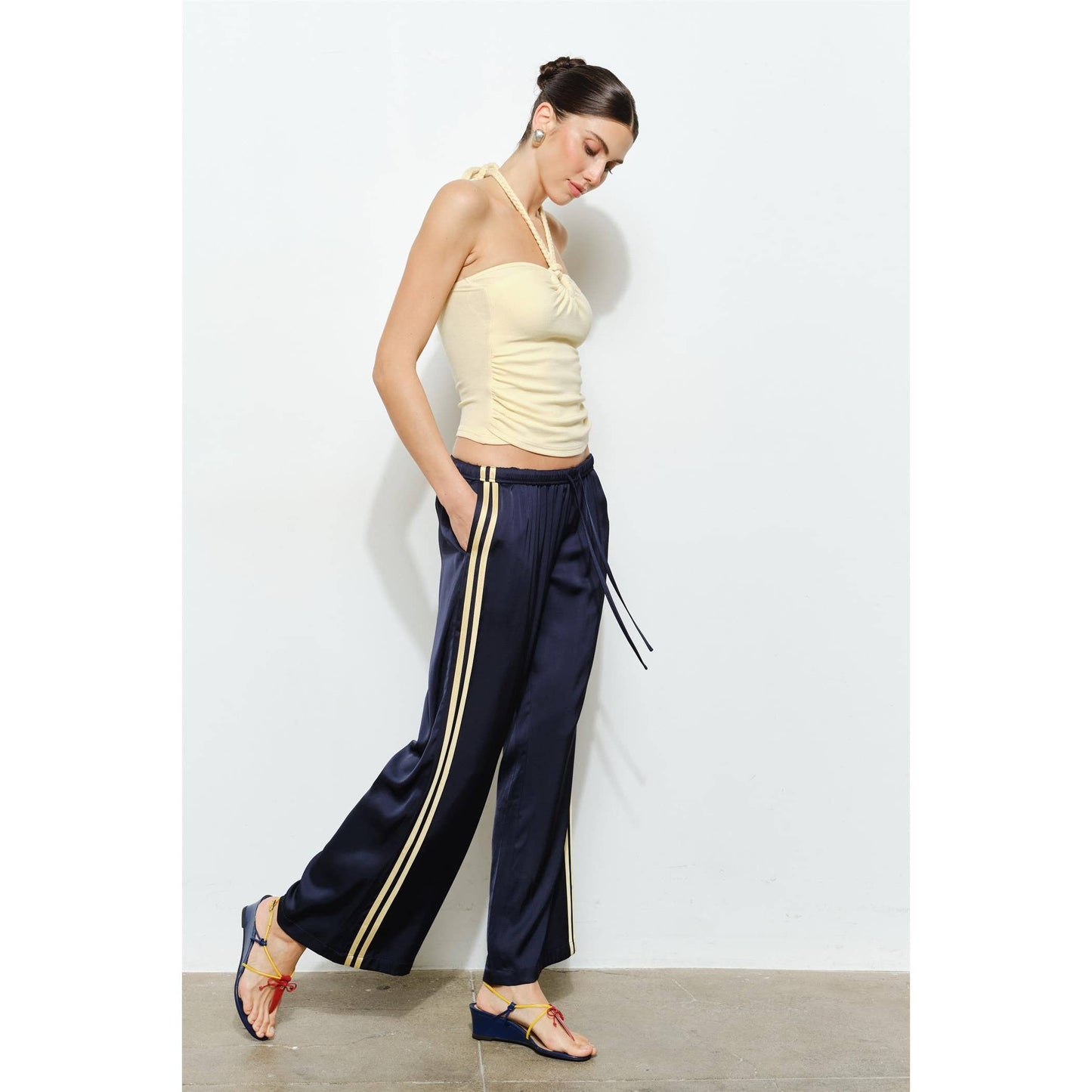 Navy Yellow Satin Track Pants