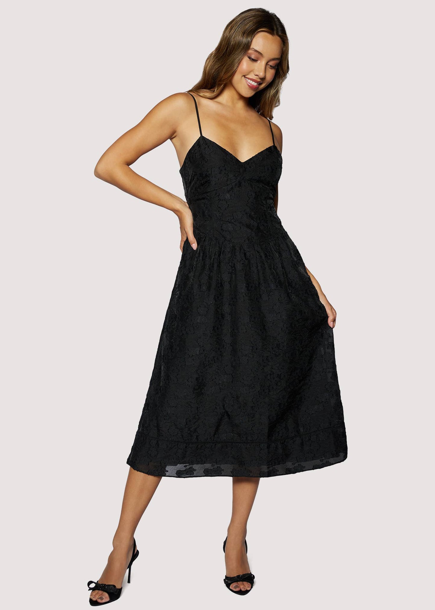 Black Floral Jacquard Organza Midi Dress