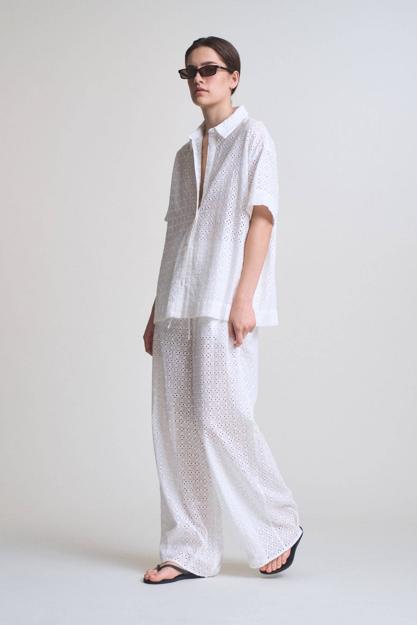 White Square Eyelet Short Sleeve Shirt
