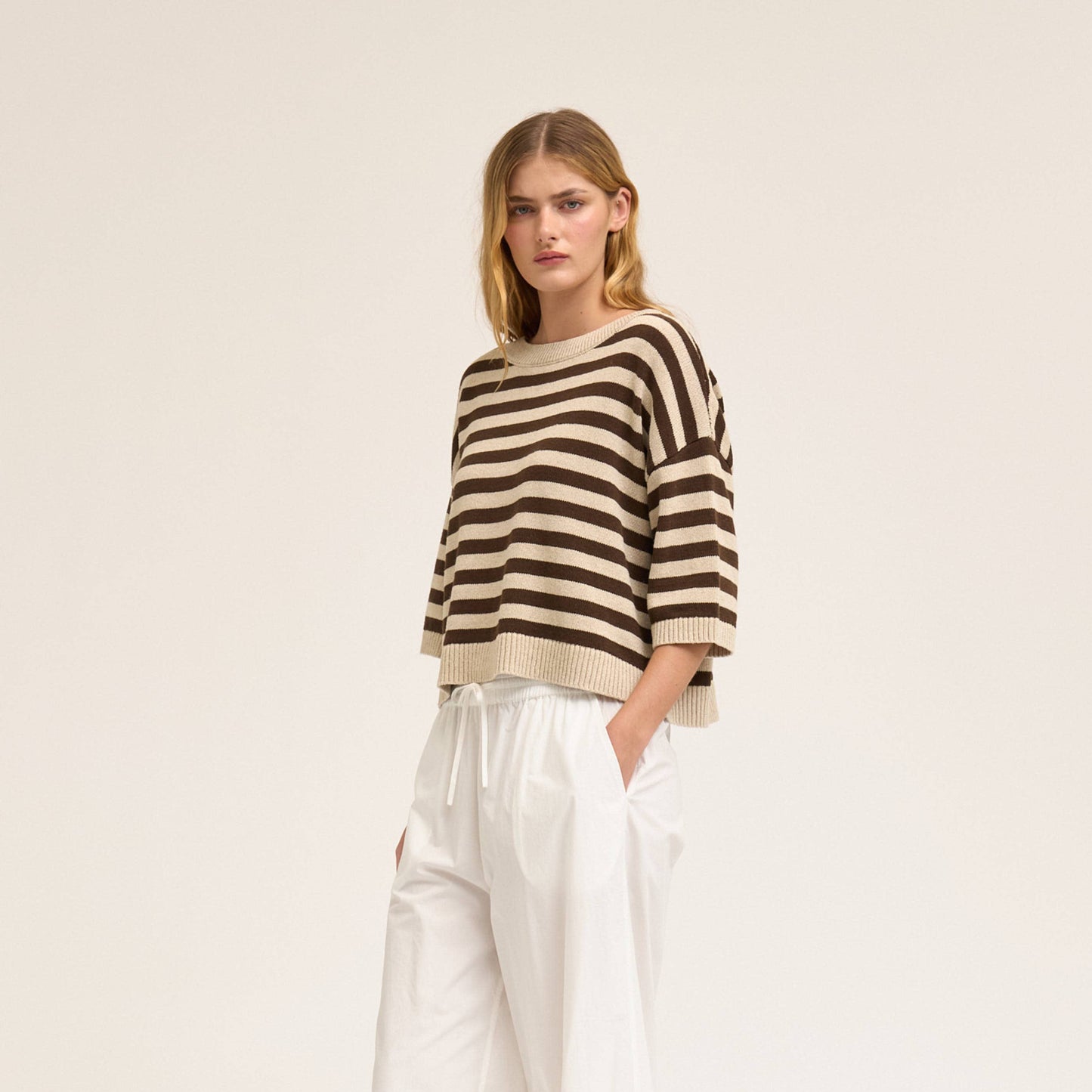 Linen Drop Shoulder Stripe Short Sleeve Knit Top