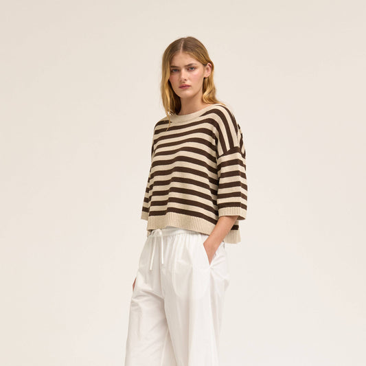 Linen Drop Shoulder Stripe Short Sleeve Knit Top