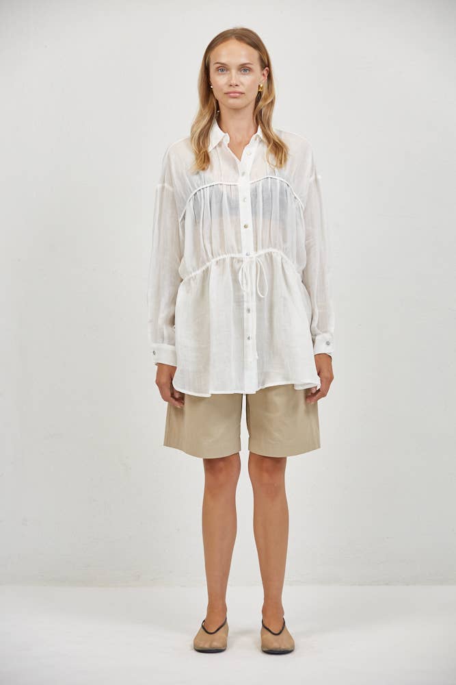 White Linen Tie Waist Button Down Top