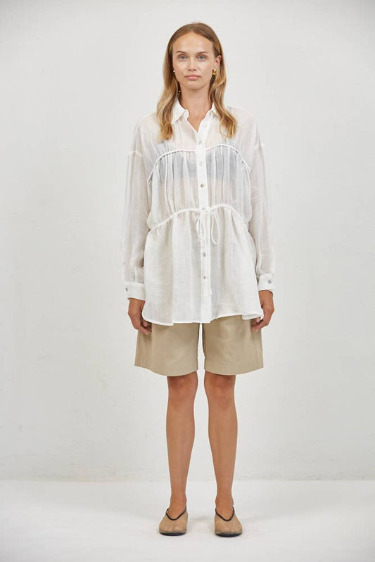 White Linen Tie Waist Button Down Top