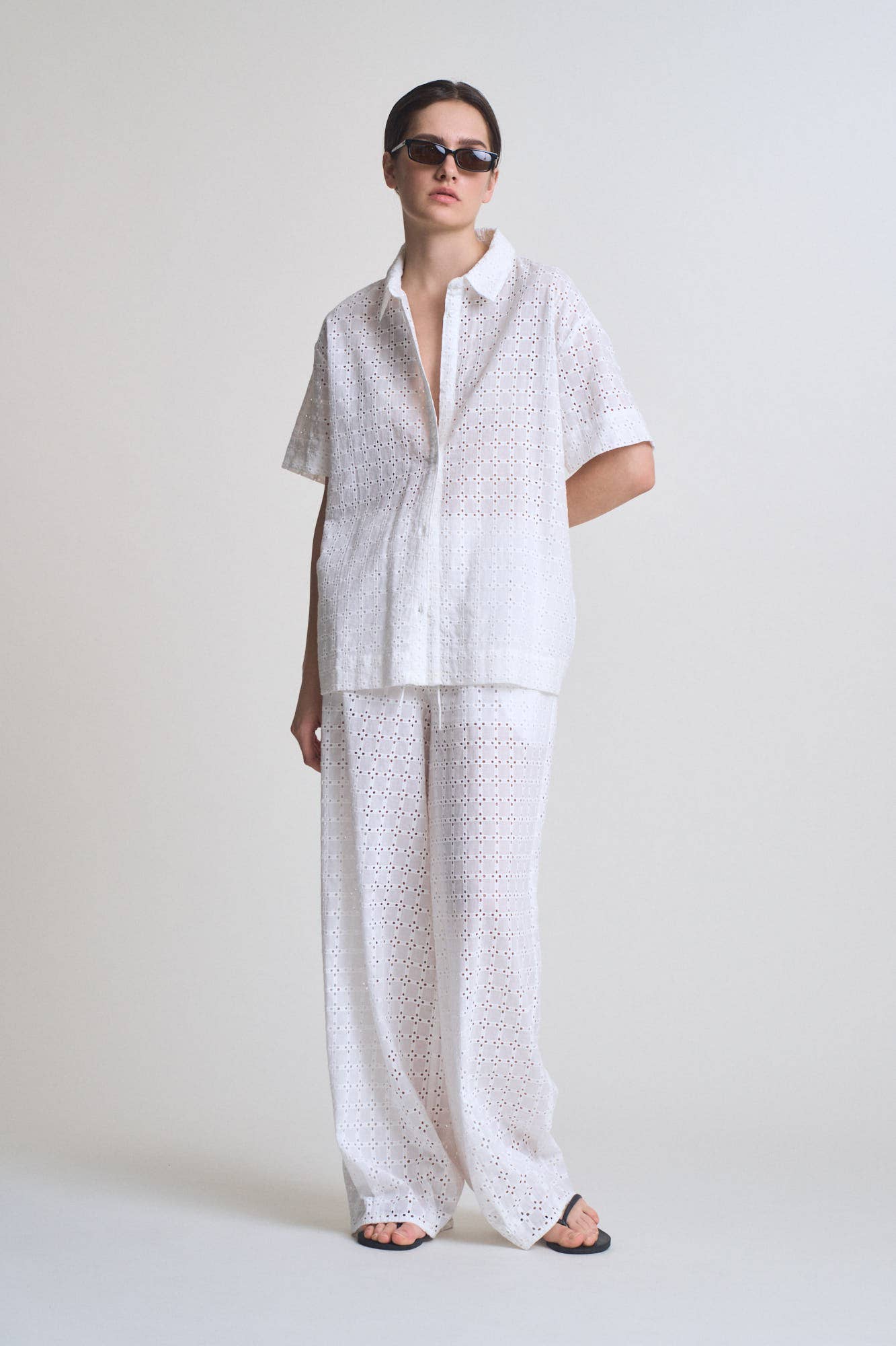 White Square Eyelet Short Sleeve Shirt
