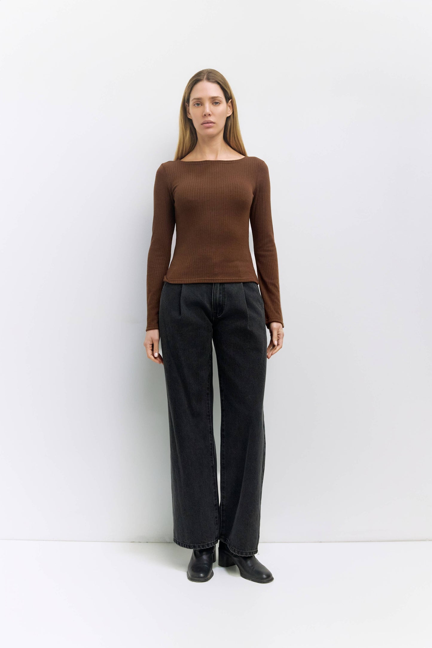 Brown Ribbed Wide Neck Flare Sleeve Top