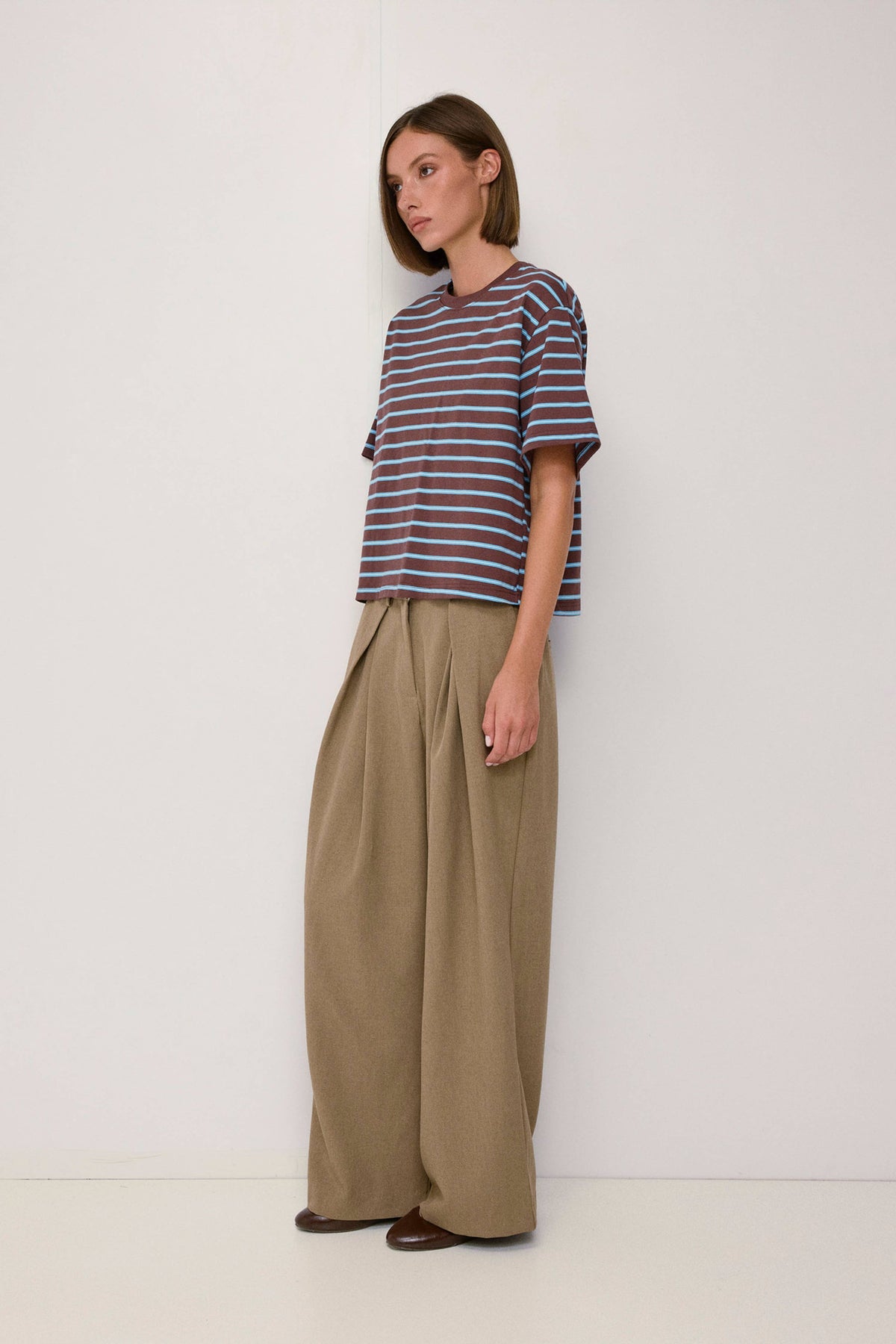 Brown and Light Blue Striped Relaxed Tee