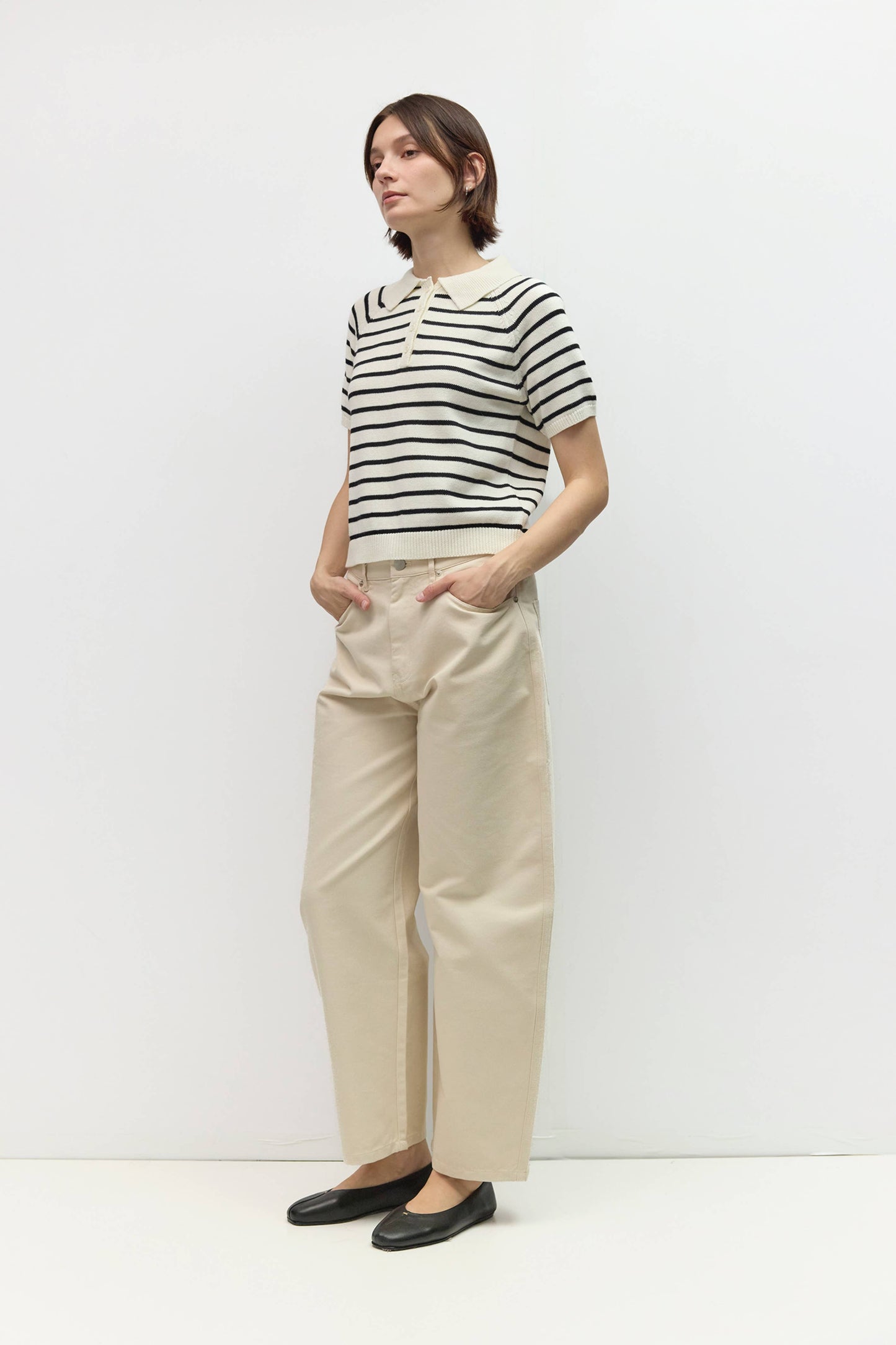 White Black Striped Short Sleeve Knit Collared Top