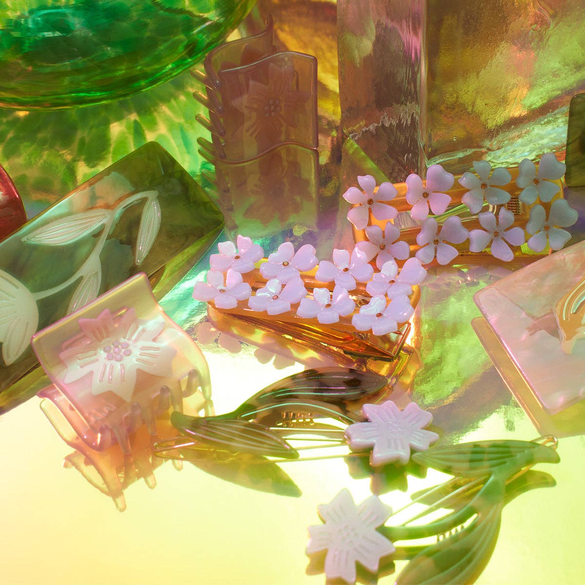 Flower Alligator Hair Clip in Light Blue and Gold Acetate