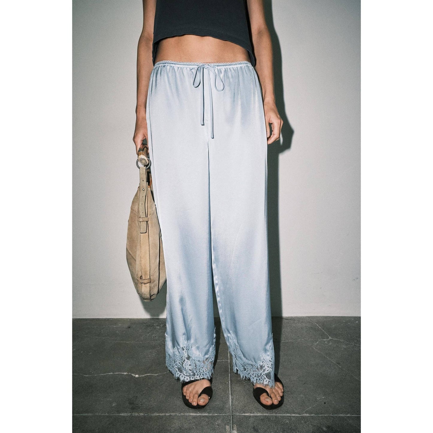 Light Blue Satin Lace Wide Leg Pants